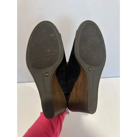 Lucky Brand Womens Shoes Sz 9 Ulyssas Black Suede Leather Peep Toe Wedge Booties - Picture 9 of 11